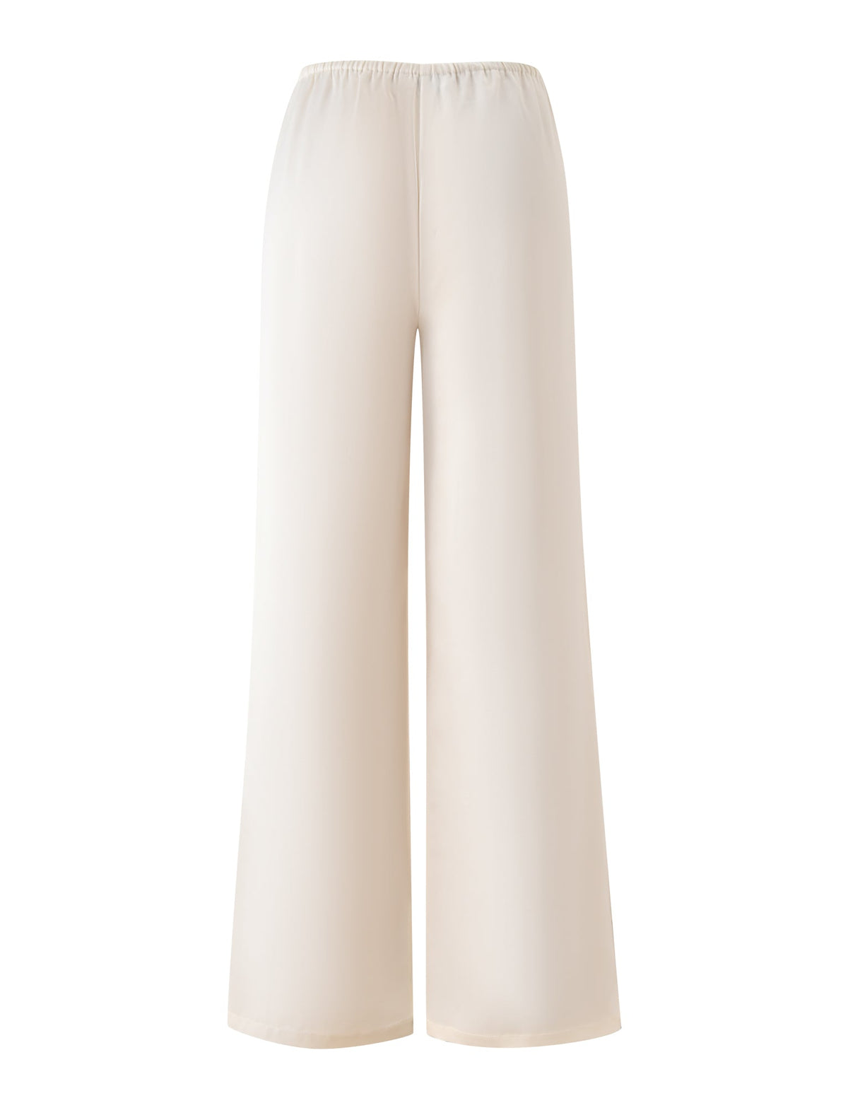 The MAURA PANT by TIGERMIST features a wide-leg, high-waisted silhouette in crisp white satin, designed with an elastic waistband and a sleek, pocket-free finish.