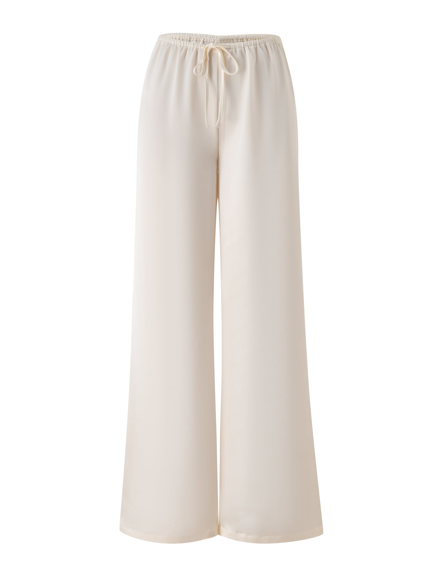 The MAURA PANT by TIGERMIST, shown in white, features wide legs and is crafted from drapey satin fabric with an elastic waistband and adjustable drawstring waist, displayed on a white background.