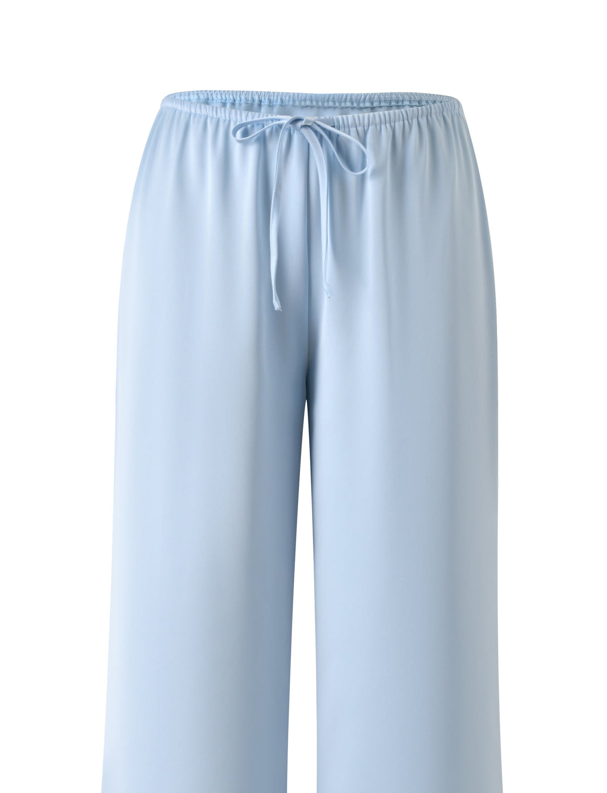 The MAURA PANT - SKY by TIGERMIST features wide legs, light sky blue satin fabric, and an adjustable drawstring waist, shown against a white background.