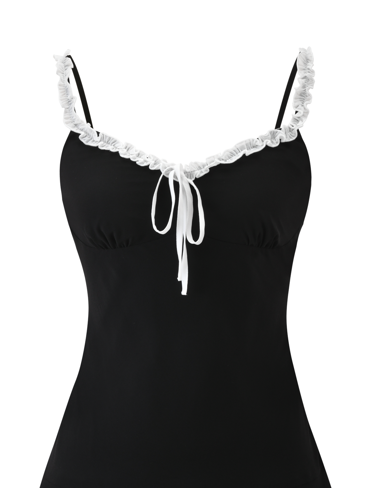 The ARIANNE MINI DRESS by TIGERMIST is a black mini dress featuring thin straps, ruffle trim on the sweetheart neckline, and a white tie bow at the center front.