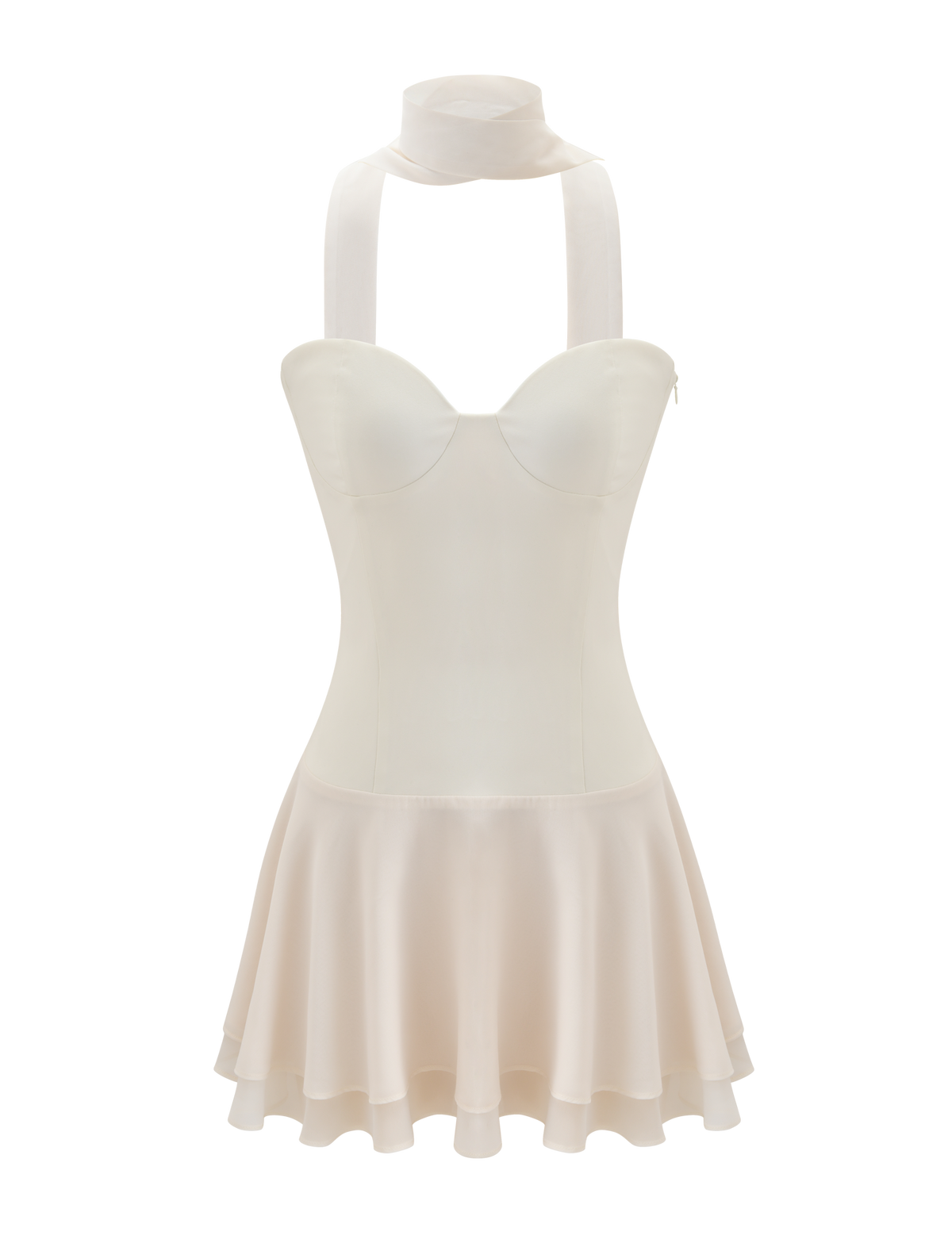 The CORDELIE MINI DRESS by TIGERMIST is a cream, sleeveless chiffon mini dress featuring a corseted bodice, flared skirt, and a matching sheer scarf draped around the neck, shown on a plain white background.