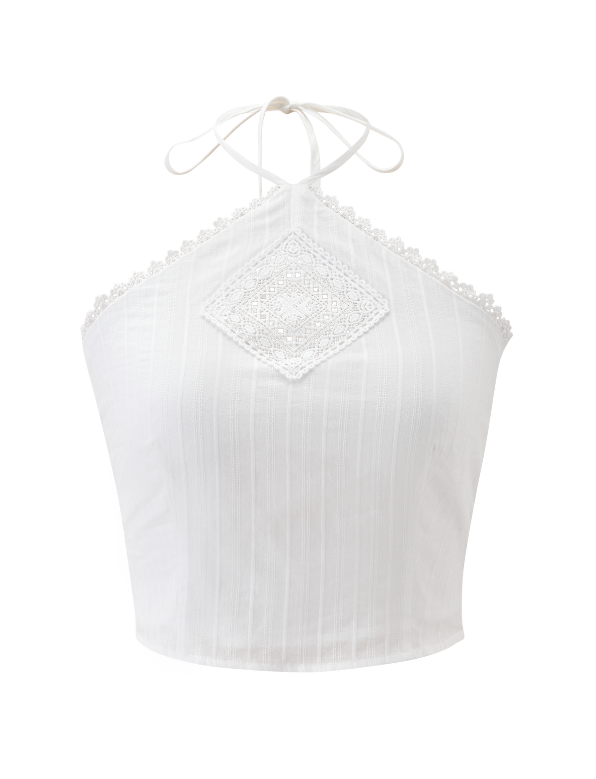 The LILETH TOP - WHITE by TIGERMIST is a white halter neck crop top made from textured woven fabric with a lace diamond detail at the center and scallop eyelet trims along the neckline.