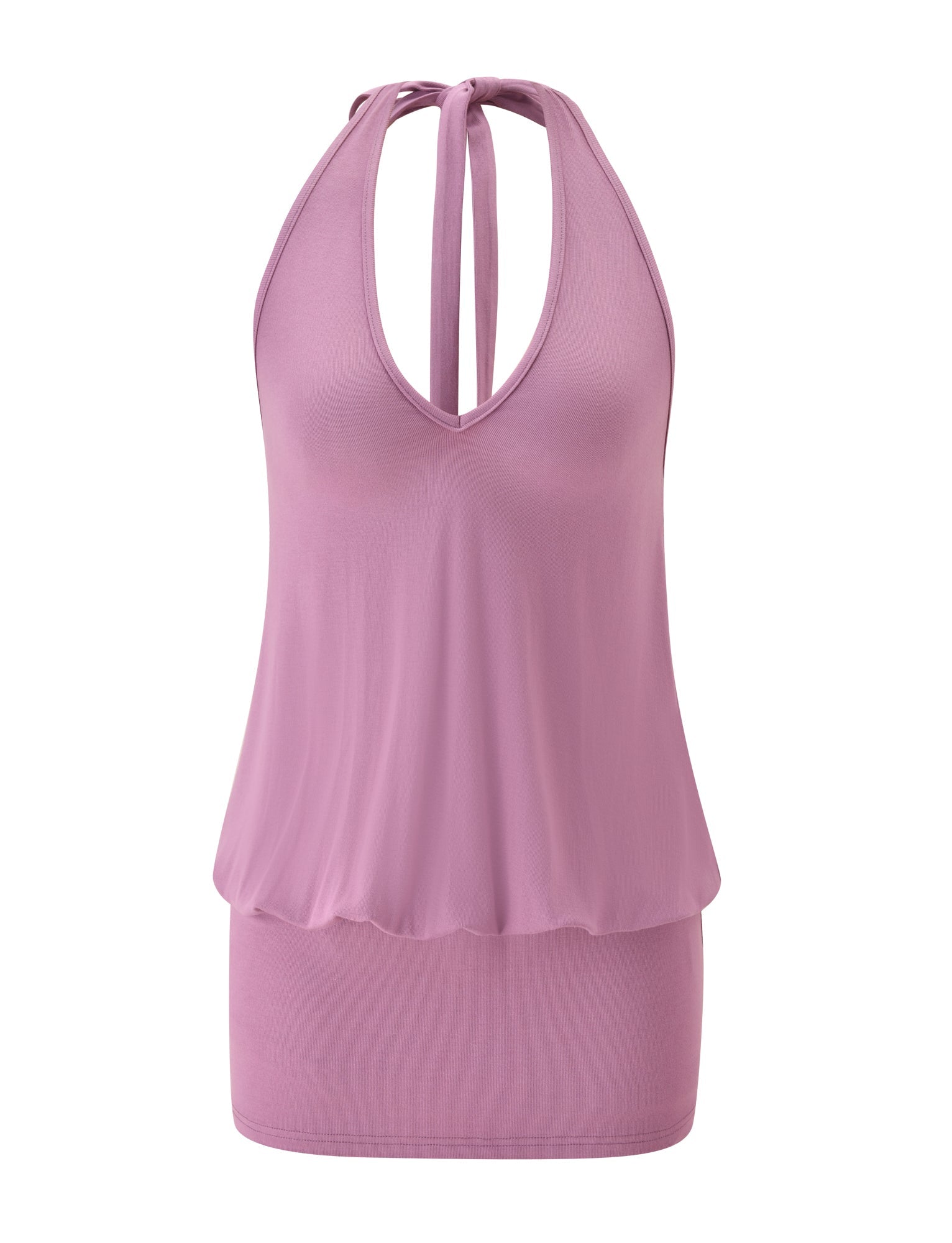 Introducing the ANALEE SKORT MINI DRESS by TIGERMIST in a rich plum shade. This dress features a sleeveless halter neckline with ties at the neck, complemented by a deep V-neck and a loose-fitting blouson upper section. The fitted lower portion creates a chic silhouette reminiscent of a stylish v-neck dress. Crafted from soft, stretchy fabric, this mini dress is showcased against a crisp white background.