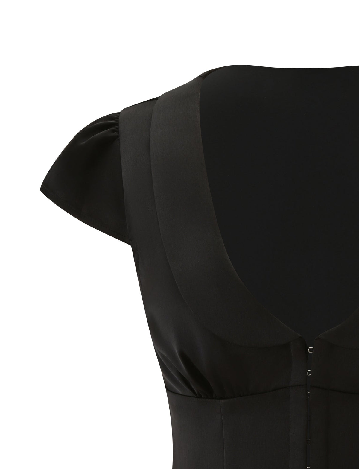 MAURA TOP - BLACK cap sleeve top with a deep scooped neckline and a hook-and-eye closure down the center front.
