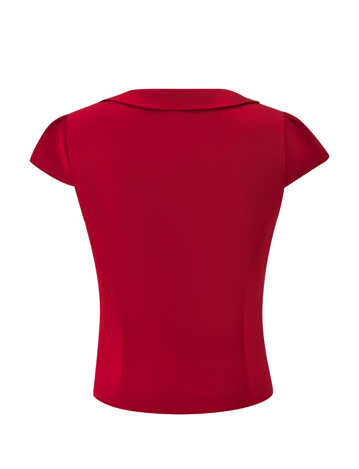 Back view of the cherry red MAURA TOP featuring short cap sleeves and a Peter Pan collar.
