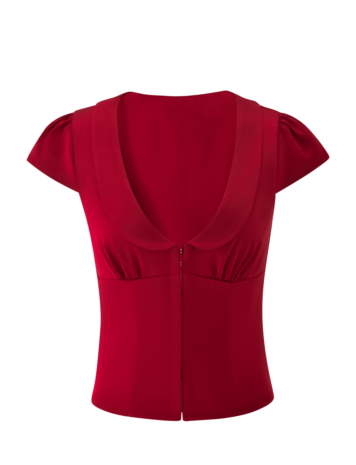 TIGERMIST MAURA TOP - CHERRY in cherry red with short cap sleeves, a wide Peter Pan collar, and a front hook-and-eye closure.