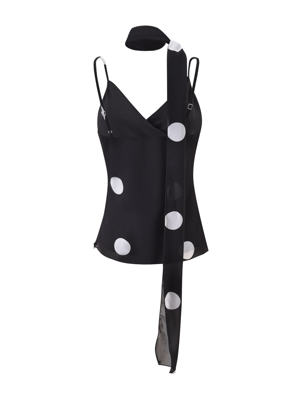 The AYDIN SCARF TOP - BLACK by TIGERMIST is a black and white polka dot sleeveless camisole with thin adjustable straps, paired with a matching long sheer scarf draped around the neck.