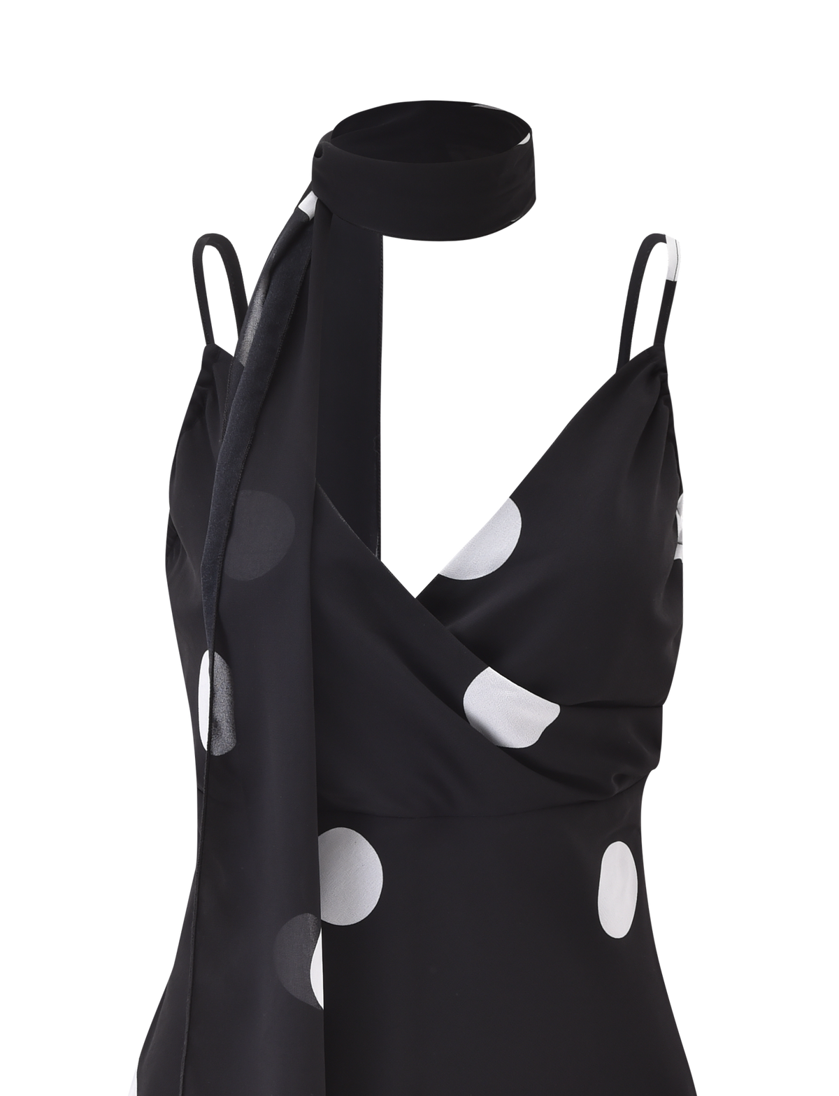 The TIGERMIST AYDIN SCARF TOP - BLACK is a sleeveless black and white polka dot chiffon cami with adjustable straps, a V-neckline, and a coordinating polka dot scarf detail.
