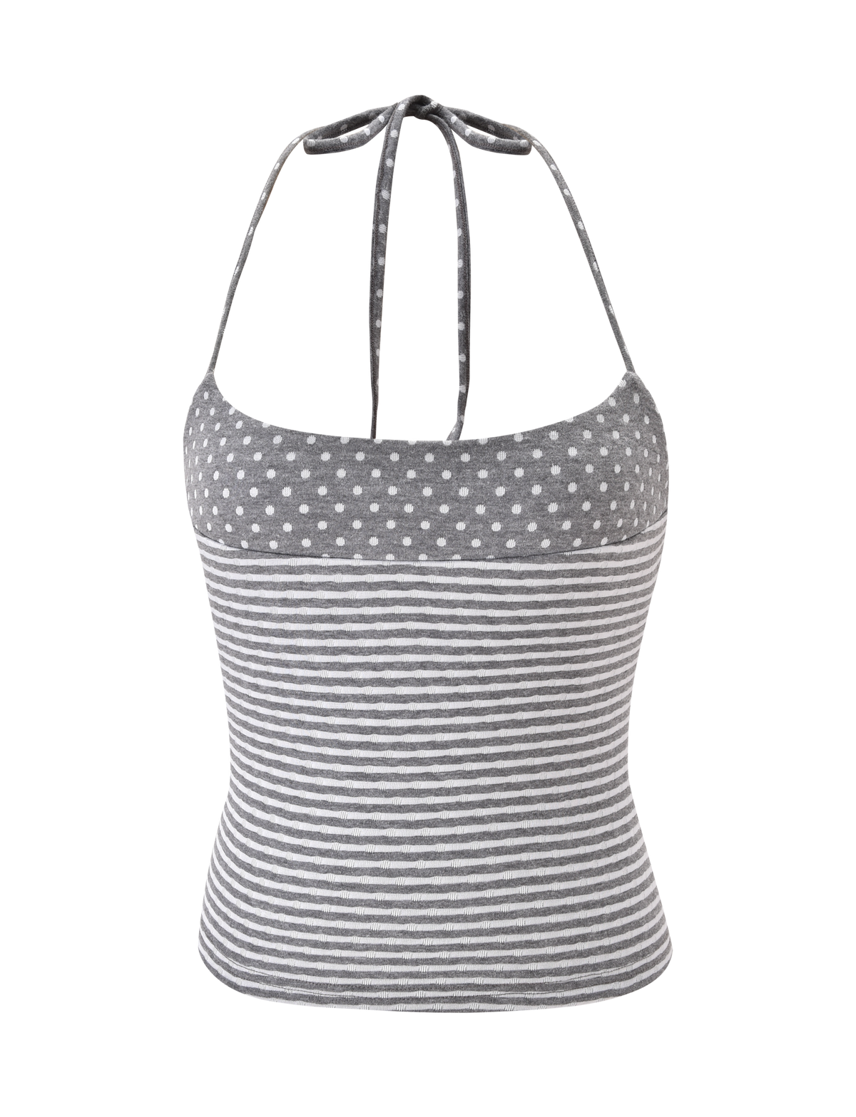 The DASHIELL TOP in Heather Grey by TIGERMIST is a gray rib knit halter with adjustable neck ties, featuring playful polka dots on the top and classic horizontal white and gray stripes below.