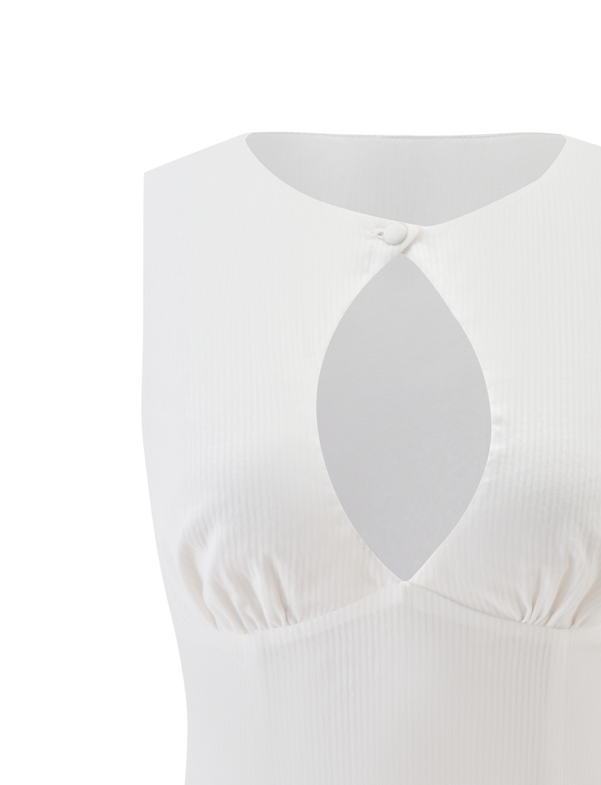 The ANIYA KEYHOLE TOP by TIGERMIST is a sleeveless white ribbed top with a chic chest cutout, small button closure at the neckline, and a stylish lace-up back.