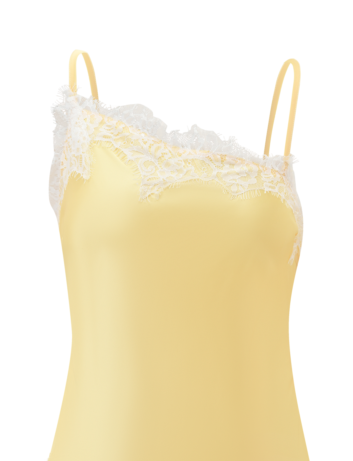 A close-up of the SOLSTICE TOP - YELLOW by TIGERMIST, featuring thin straps and delicate lace trim highlighting its asymmetrical neckline, set against a plain white background.