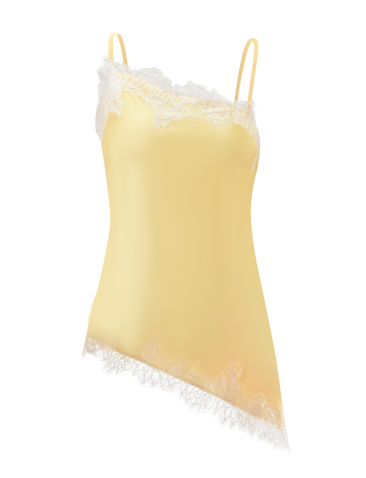 The SOLSTICE TOP - YELLOW by TIGERMIST is a yellow singlet with thin straps, white lace trim on the top edge and asymmetrical hem, shown on a white background.