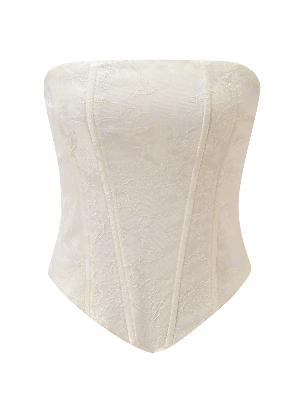 The LANIA CORSET TOP - CREAM by TIGERMIST is a strapless ivory cream corset with structured boning, a floral lace pattern, pointed hem, and lace-up back, shown on a plain white background.
