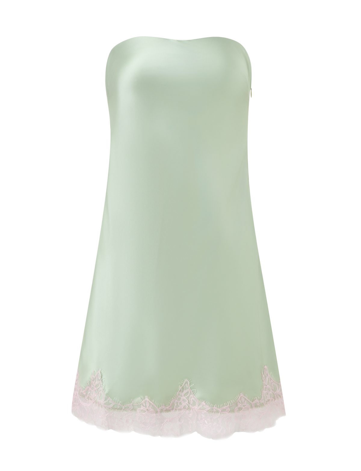 The MILYANA MINI DRESS by TIGERMIST is a strapless pistachio satin mini dress with a sweetheart neckline, light pink lace hem, and a sleek silhouette, shown on a plain white background.