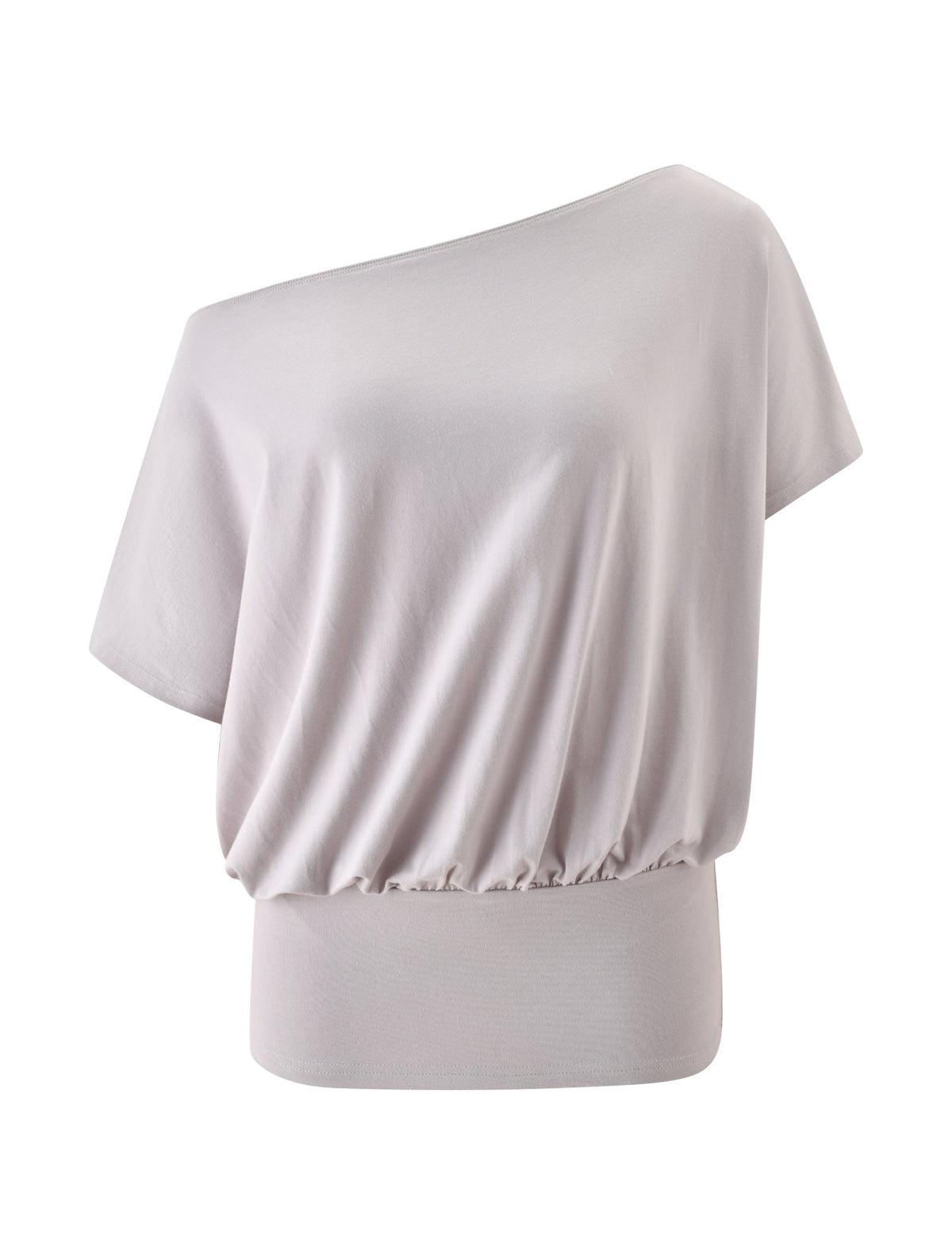 The DRELLA TOP in dove grey by TIGERMIST is a light gray, off-shoulder women’s top with short sleeves, a loose blouson silhouette, and an elasticized hem. Displayed against a plain white background, this top delivers an effortlessly chic look with its draped fit.