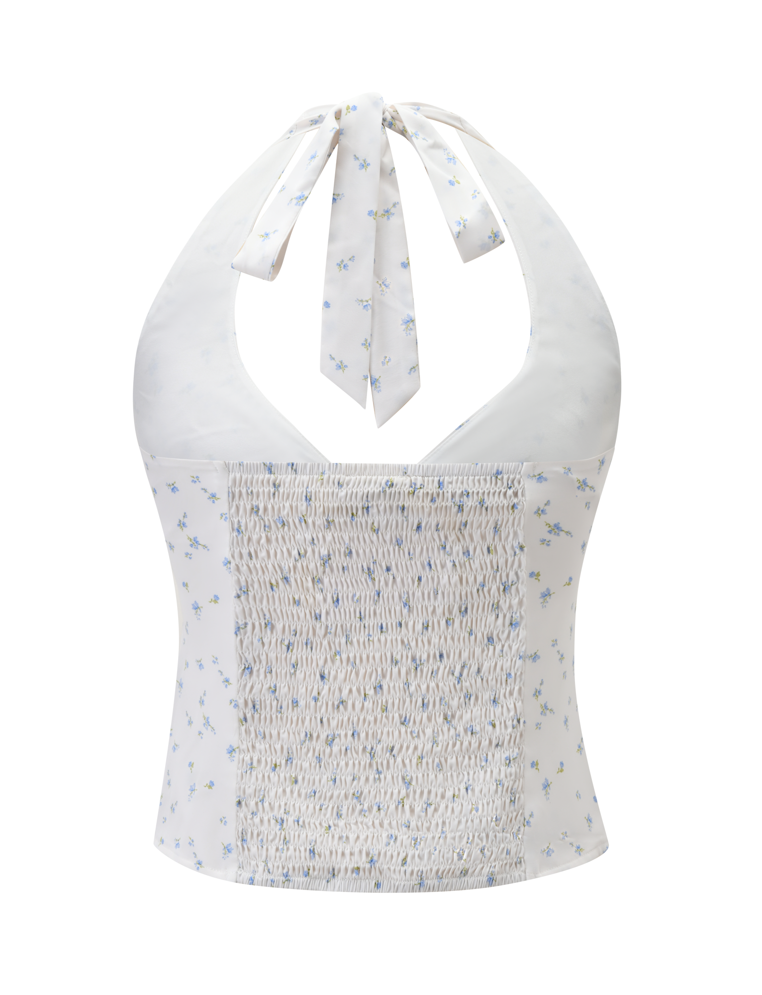 The CALI TOP - DITSY FLORAL by TIGERMIST is a white, fitted halter neck top with a blue ditsy floral print, tie neck, smocked front panel, lightweight fabric, and flattering ruched bust detailing.