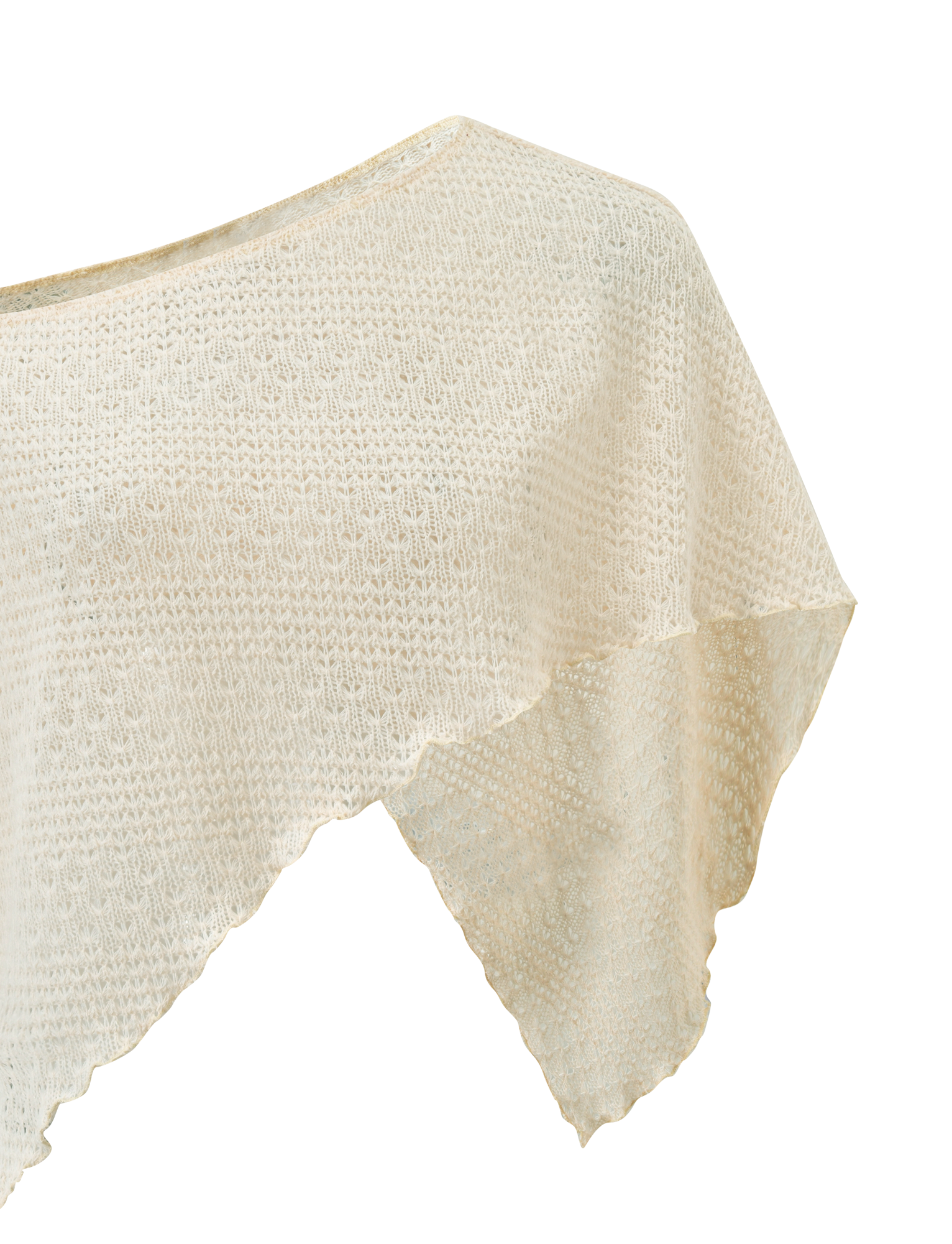 Close-up of the TIGERMIST FAIRLEE PONCHO in cream, featuring a crochet knit with a textured pattern and uneven hem, displayed on a plain white background.