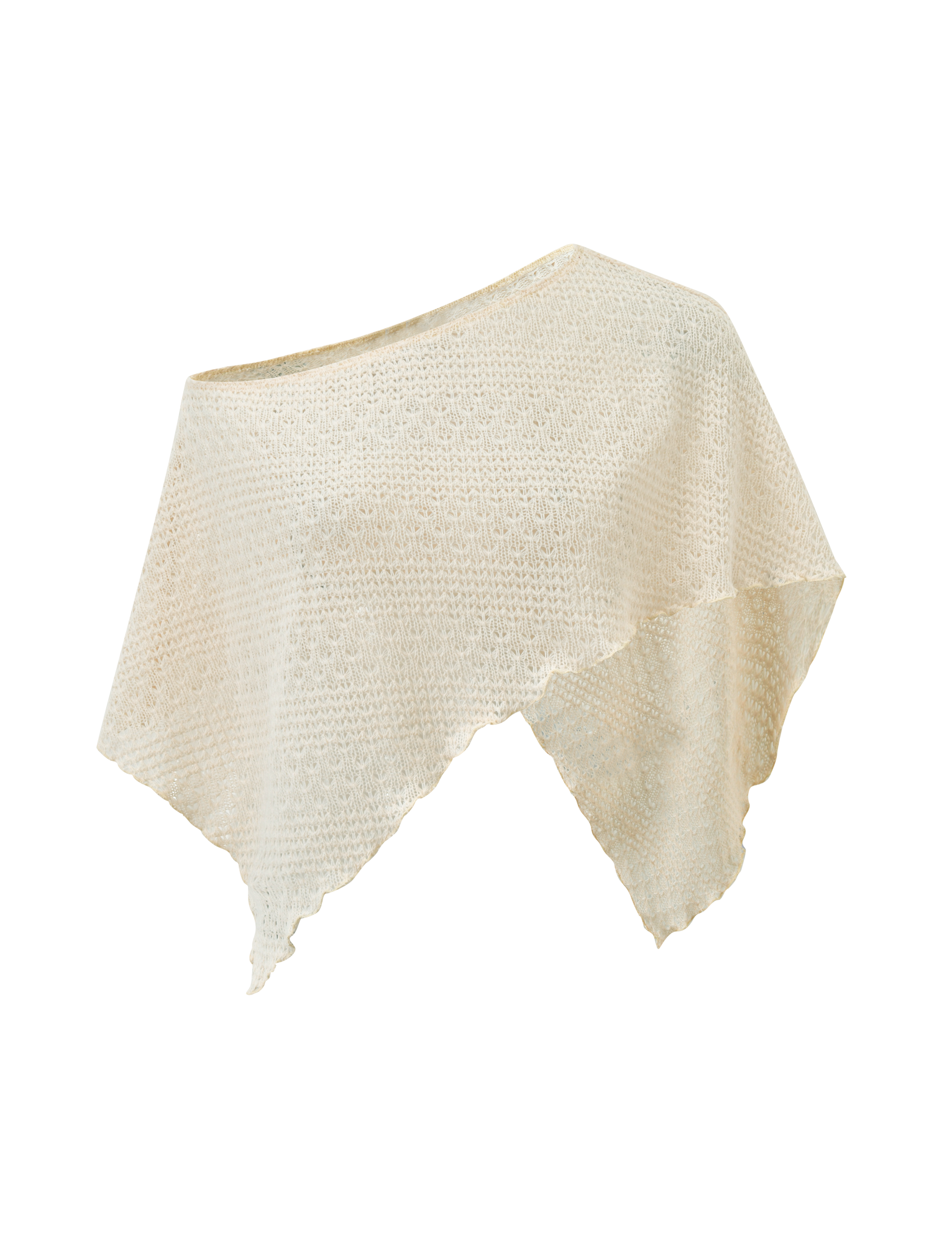 The TIGERMIST FAIRLEE PONCHO in cream features an asymmetrical, textured open-knit crochet design with draped, uneven edges, shown against a plain white backdrop.