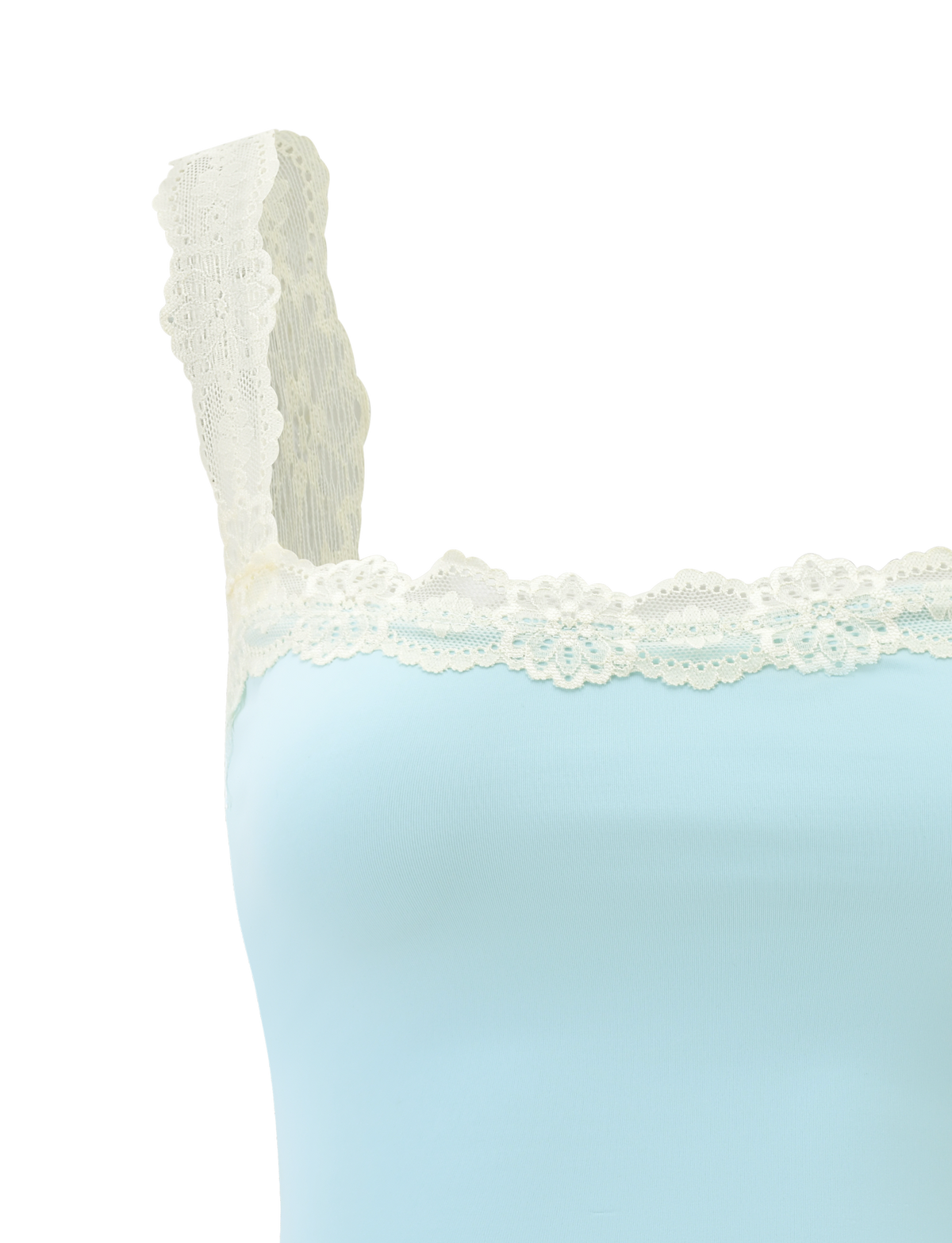 The NOVA TOP - BLUE by TIGERMIST features cream floral lace straps along the neckline and shoulders. Displayed against a plain white background, only the upper part of this fitted light blue camisole tank top is visible.