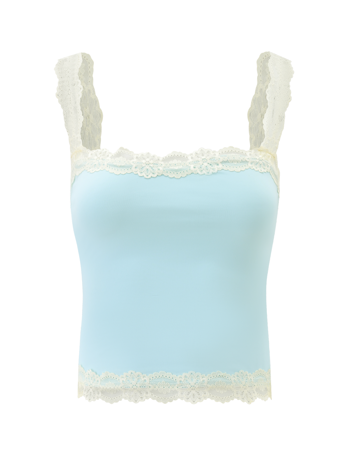 The NOVA TOP - BLUE by TIGERMIST is a light blue fitted tank with cream floral lace straps and trim at the neckline and hem, offering feminine and elegant lace details for a stylish touch.