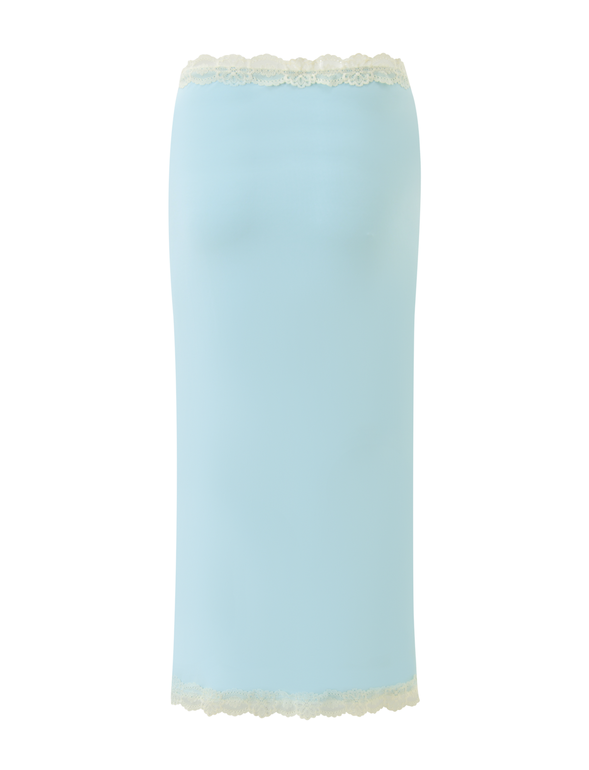 The TIGERMIST NOVA MIDI SKIRT in blue features a floral lace waistband and is shown against a white background.