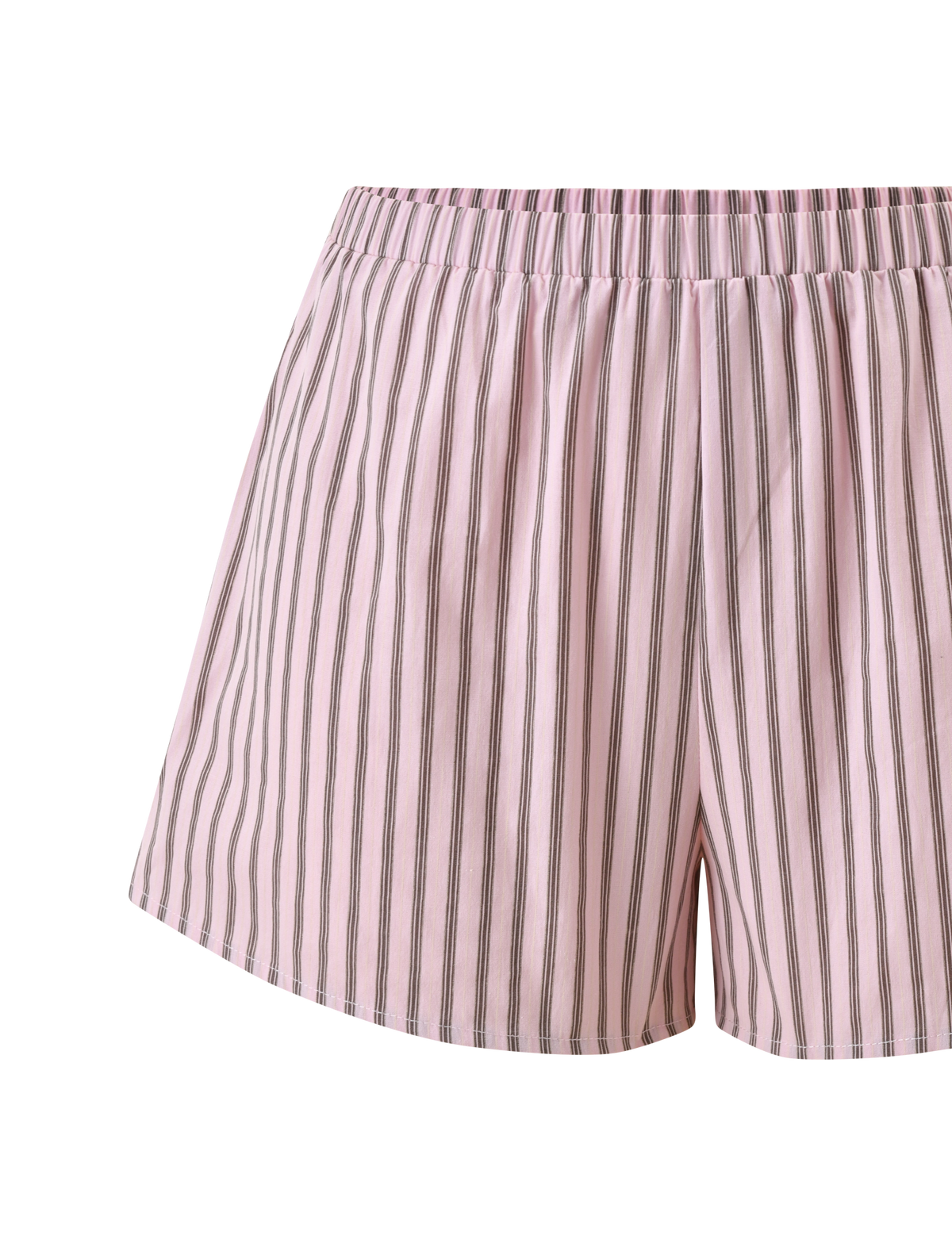 The TIGERMIST EZRA SHORT - PINK STRIPE features vertical black and white pinstripes, a high-waisted elastic waistband, and a relaxed fit, shown against a plain white background.