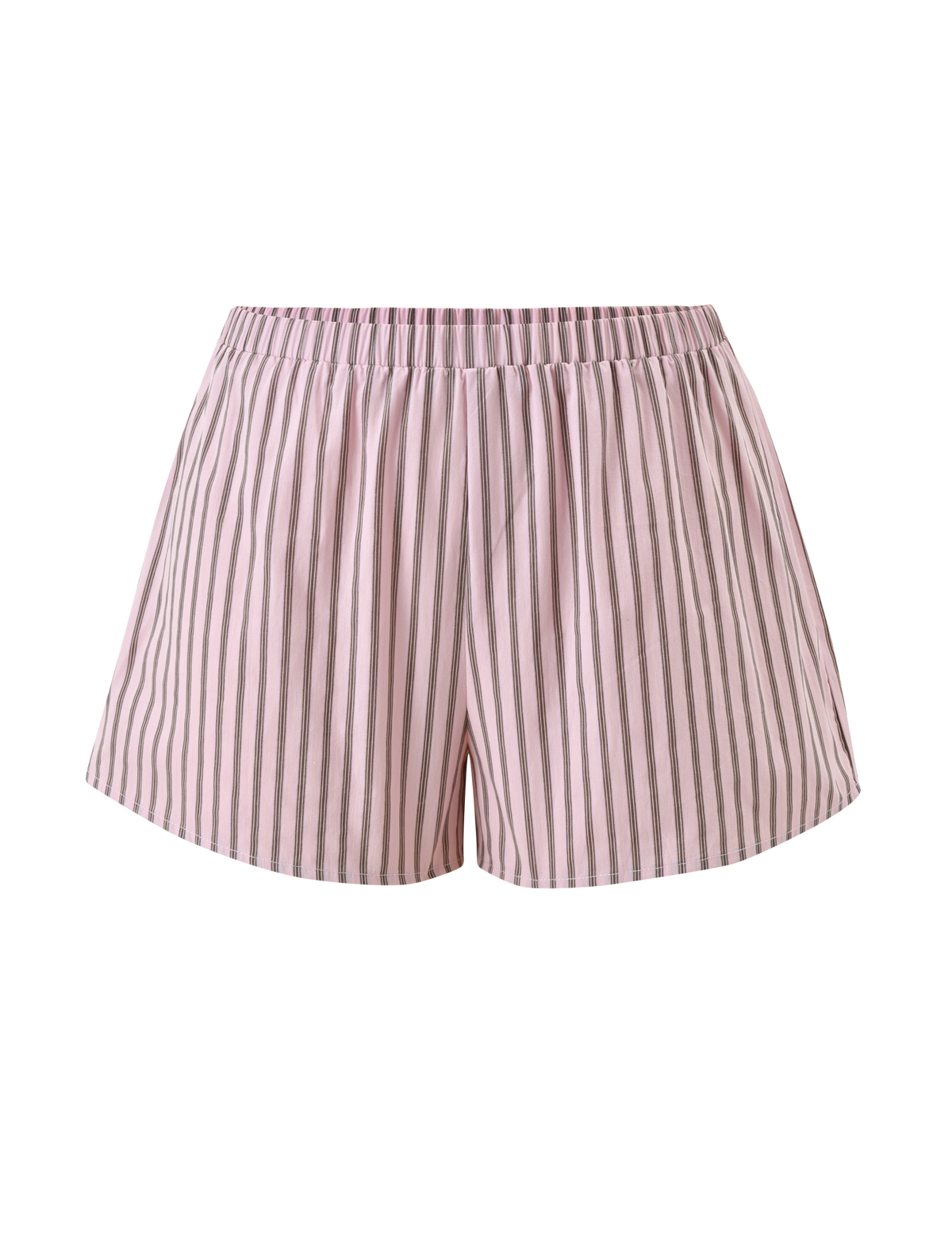 The EZRA SHORT - PINK STRIPE by TIGERMIST features pink and white vertical stripes, a high-waisted elastic waistband, and a relaxed fit, shown against a white background.