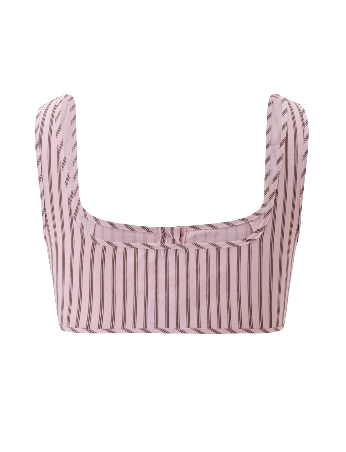 The TIGERMIST EZRA TOP - PINK STRIPE is a vintage crop top with wide straps, vertical pink and brown stripes, and a front bow detail, shown on a white background. Perfectly pairs with the matching Ezra Short.