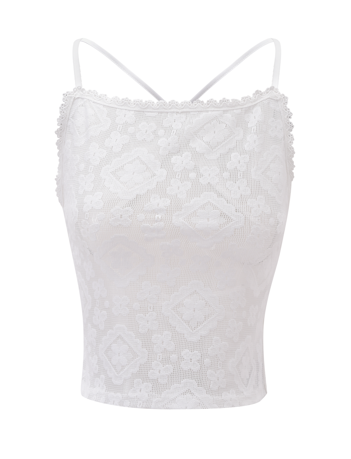 The JESIRA TOP - OFF WHITE by TIGERMIST is a white, sleeveless jacquard lace top with thin spaghetti straps, a delicate floral pattern, and scalloped trim, shown on a plain white background.