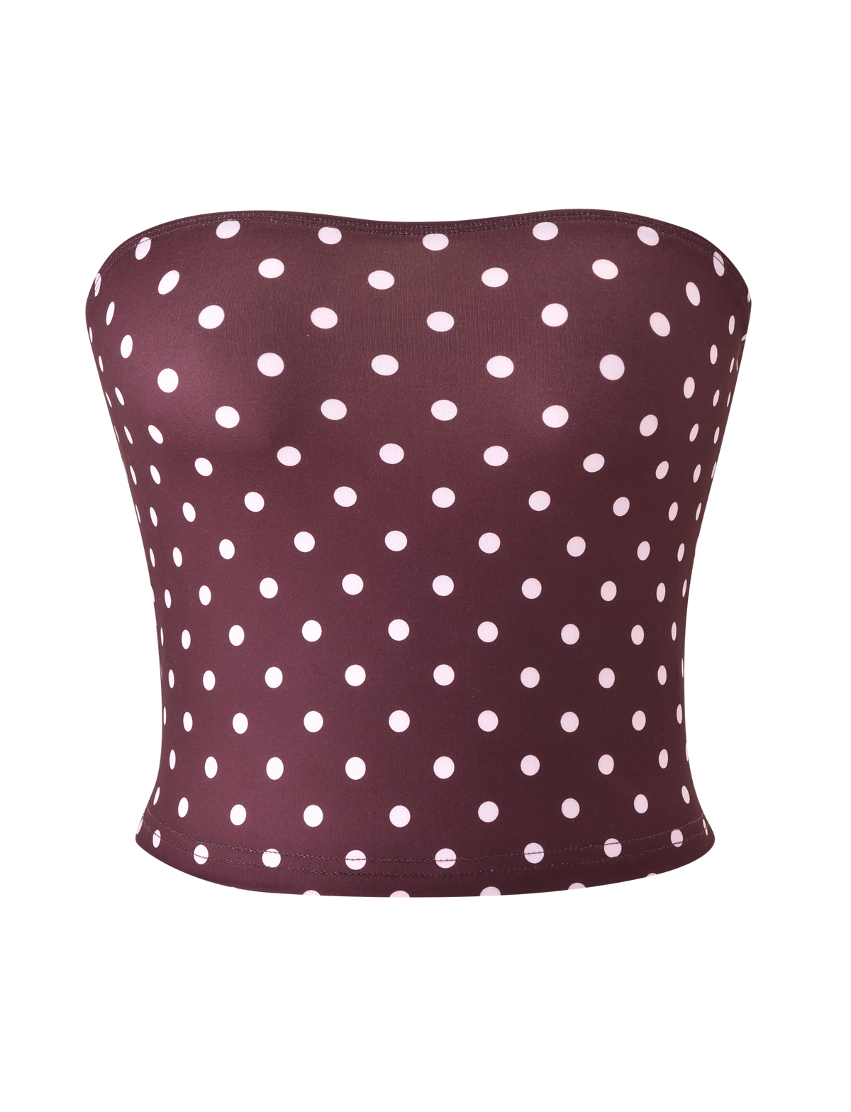 The TIGERMIST VALI POLKA DOT TOP in chocolate with pink dots is a strapless tube top, shown against a plain white background.