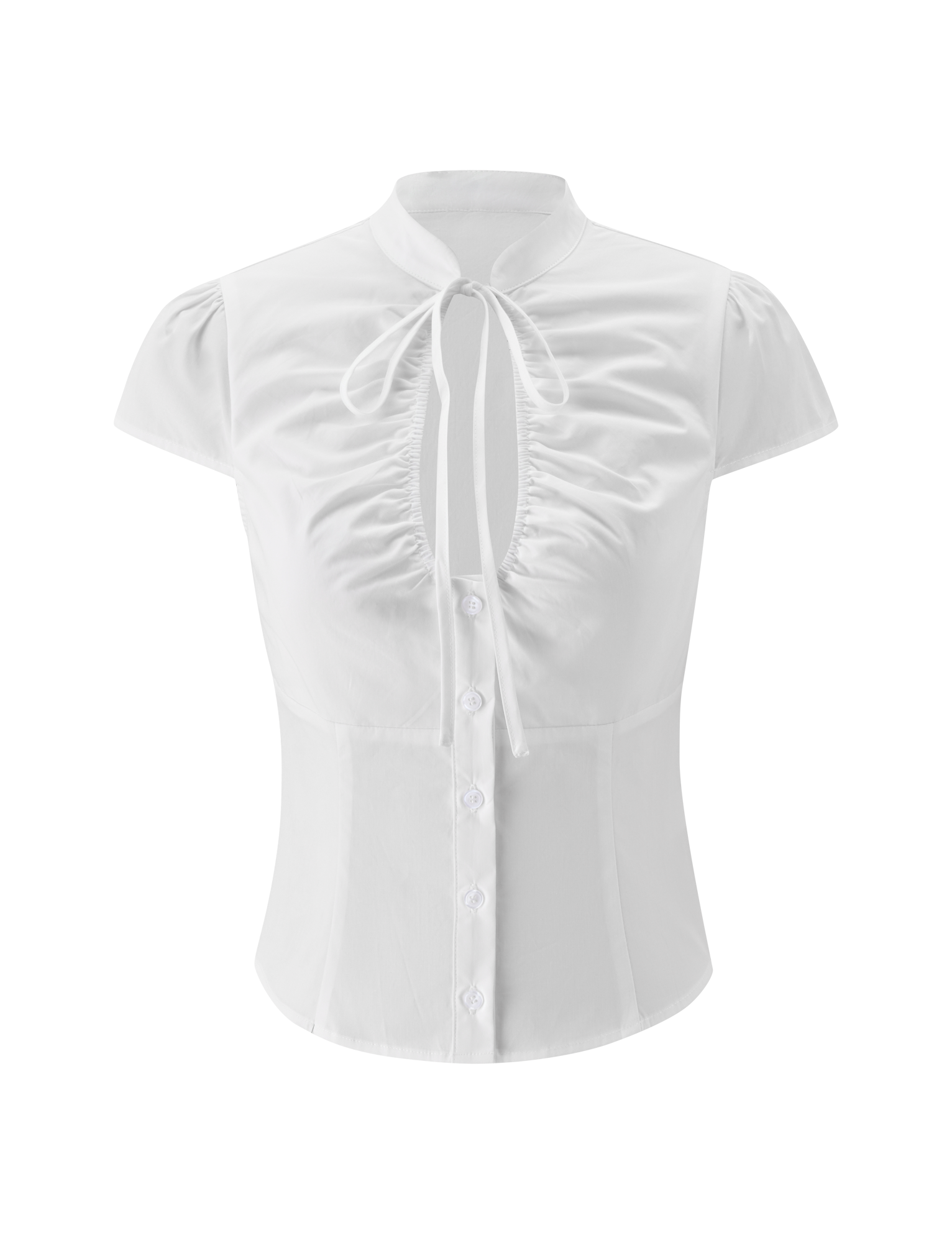 The TIGERMIST VIOLA SHIRT - WHITE is a white short sleeve top with a button-down front, ruched chest detail, high Mandarin collar with neck tie, and a fitted waist.