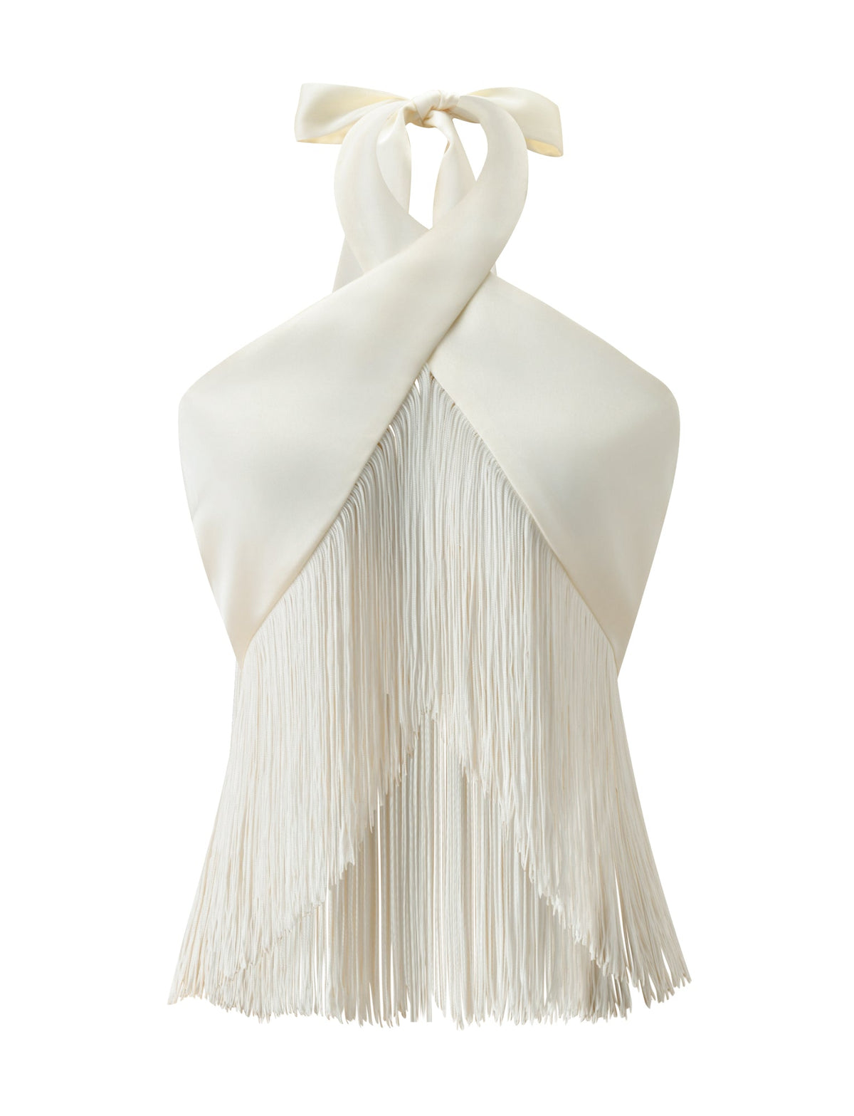 Cream-colored ALINDA TOP - CREAM featuring a criss-cross halter neckline and long fringe detailing.