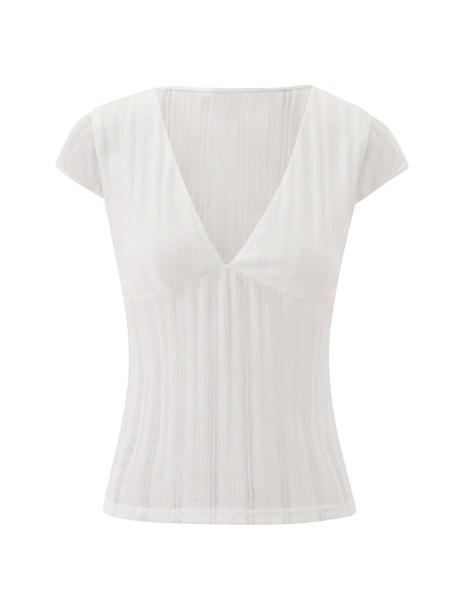 The LONA TOP - WHITE by TIGERMIST features a short-sleeve, V-neck design with a fitted ribbed silhouette and subtle stripe detailing, displayed against a plain white background.