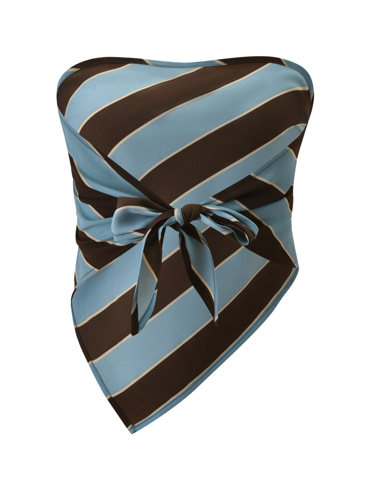 The LENIN SCARF TOP by TIGERMIST is a strapless, asymmetrical vintage-inspired top with wide blue and brown stripes and a front tie knot at the waist.