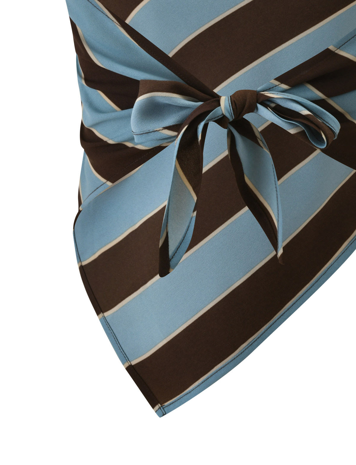 Close-up of the TIGERMIST LENIN SCARF TOP in blue and brown stripes, featuring a vintage-inspired design with diagonal stripes and a tied waist detail.