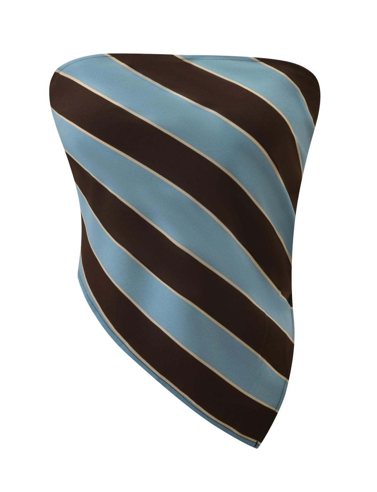 The LENIN SCARF TOP by TIGERMIST features silky fabric with diagonal brown, light blue, and thin beige stripes, shown against a plain white backdrop.