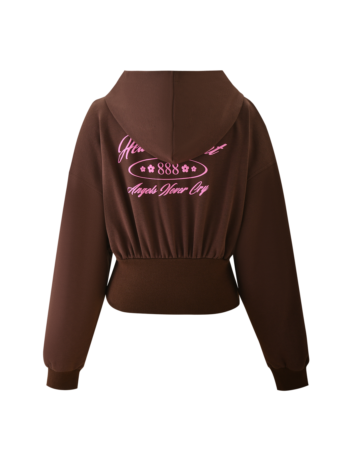 The MERRYN HOODIE - CHOCOLATE by TIGERMIST is a brown cropped hoodie with long sleeves, a hood, and custom pink puff print script on the back reading "888" and "Angels Wear Cry," plus stylized decorative accents.