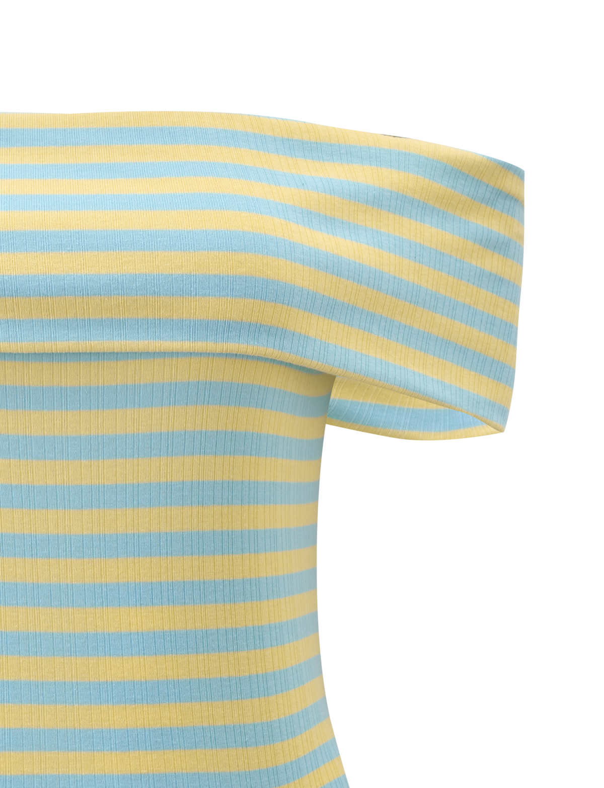 The LISETTE TOP - YELLOW STRIPE by TIGERMIST features a ribbed, textured knit with pastel yellow and light blue horizontal stripes and an off-the-shoulder neckline.