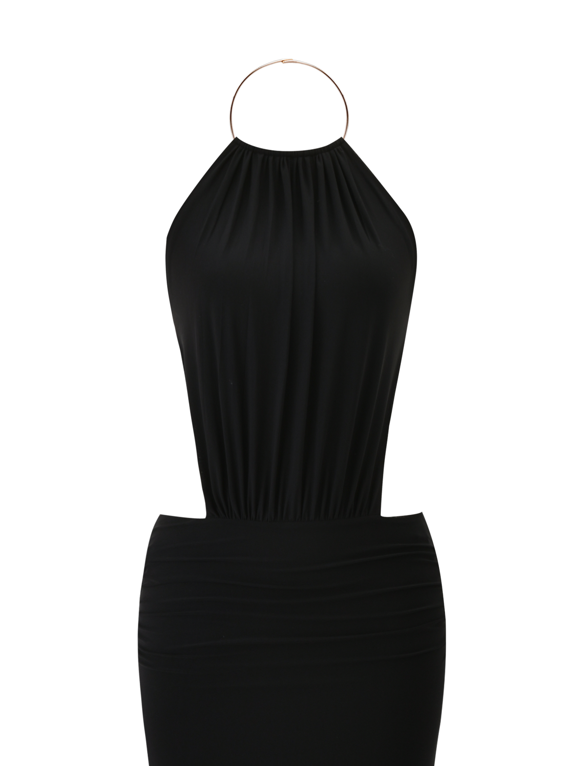 The TIGERMIST EVANNA MAXI DRESS - BLACK features a sleeveless high neck design with a gold strap, gathered neckline, and fitted ruched skirt, shown against a white background.