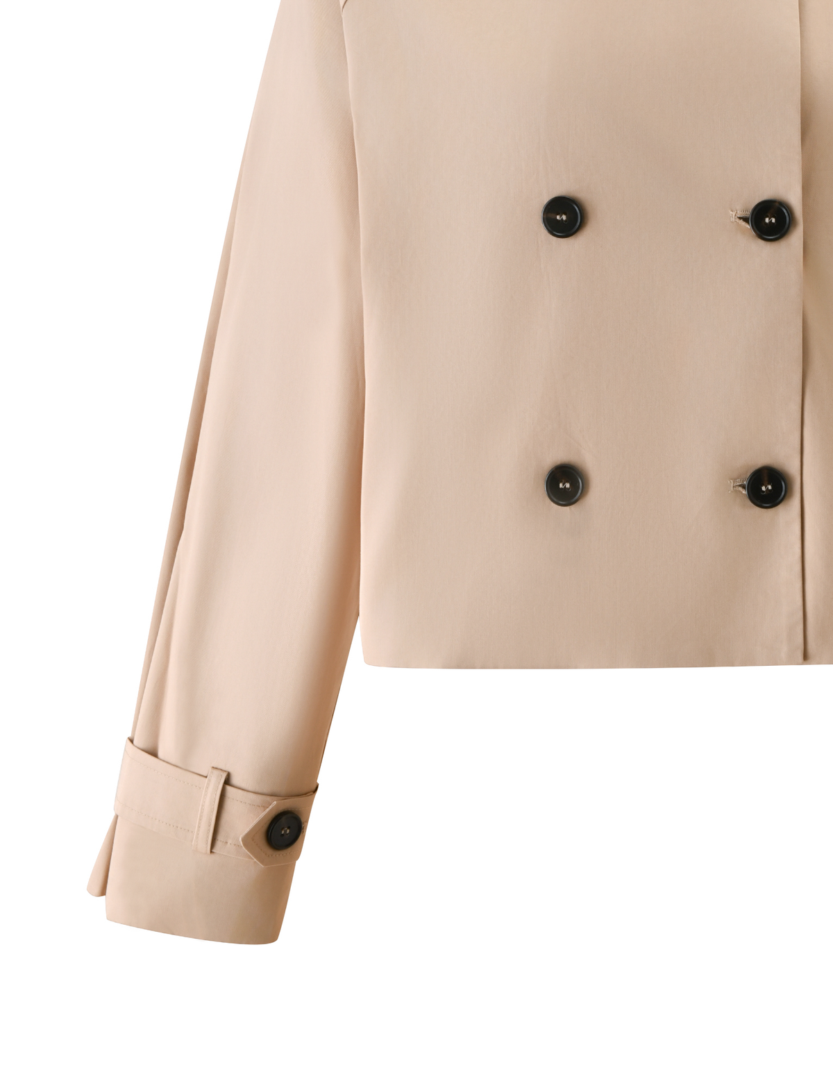 A close-up of the TIGERMIST HAYLEY Cropped Trench Jacket in khaki, featuring black buttons and a cuff strap detail on the sleeve, with only part of the front and one sleeve visible.