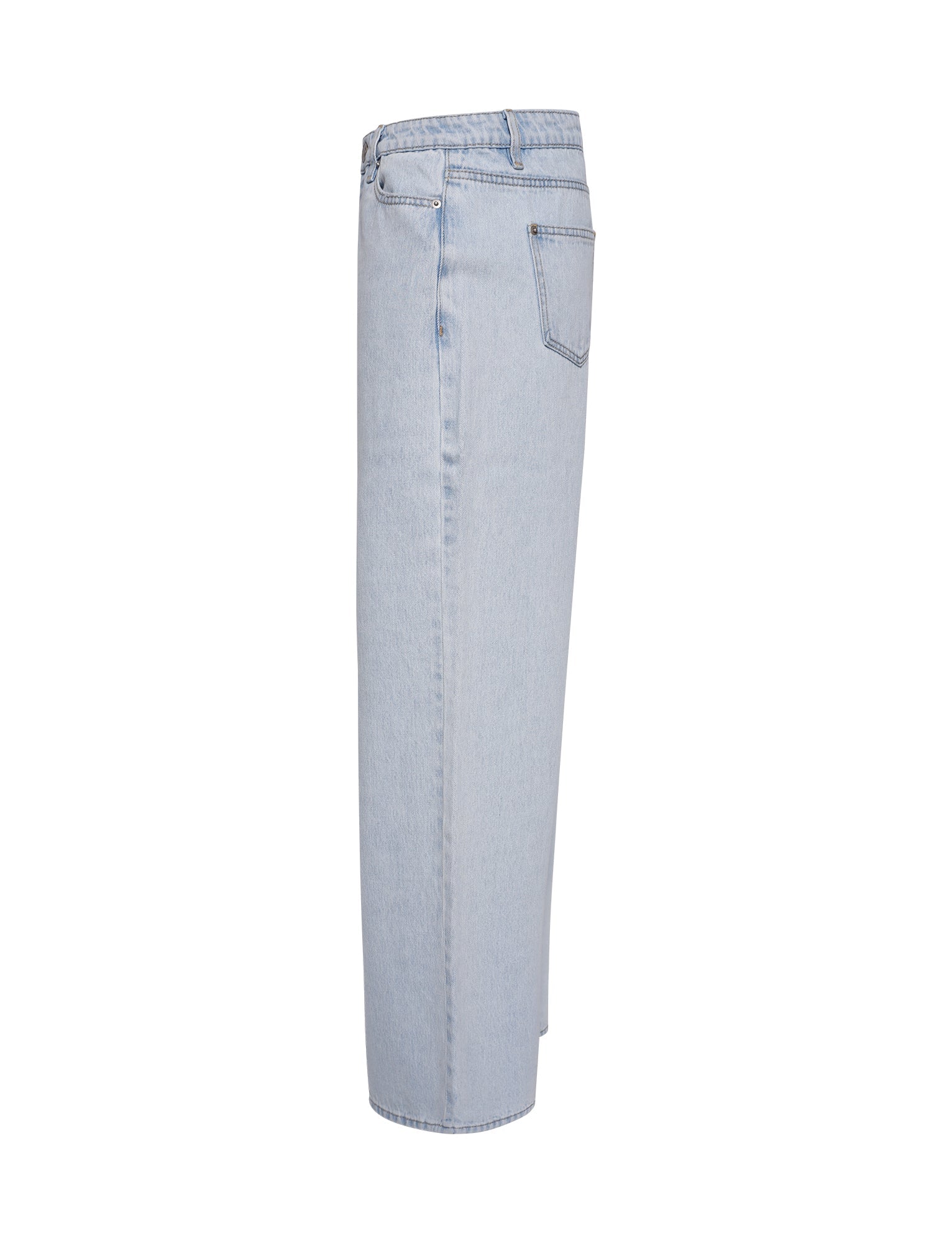 This image features the FELIX JEAN - BLUE : LIGHT DENIM from TIGERMIST. The high-waisted, straight-leg jeans are showcased in light blue denim and viewed from the side. They include a single back pocket, belt loops around the waist, and matching stitched seams.