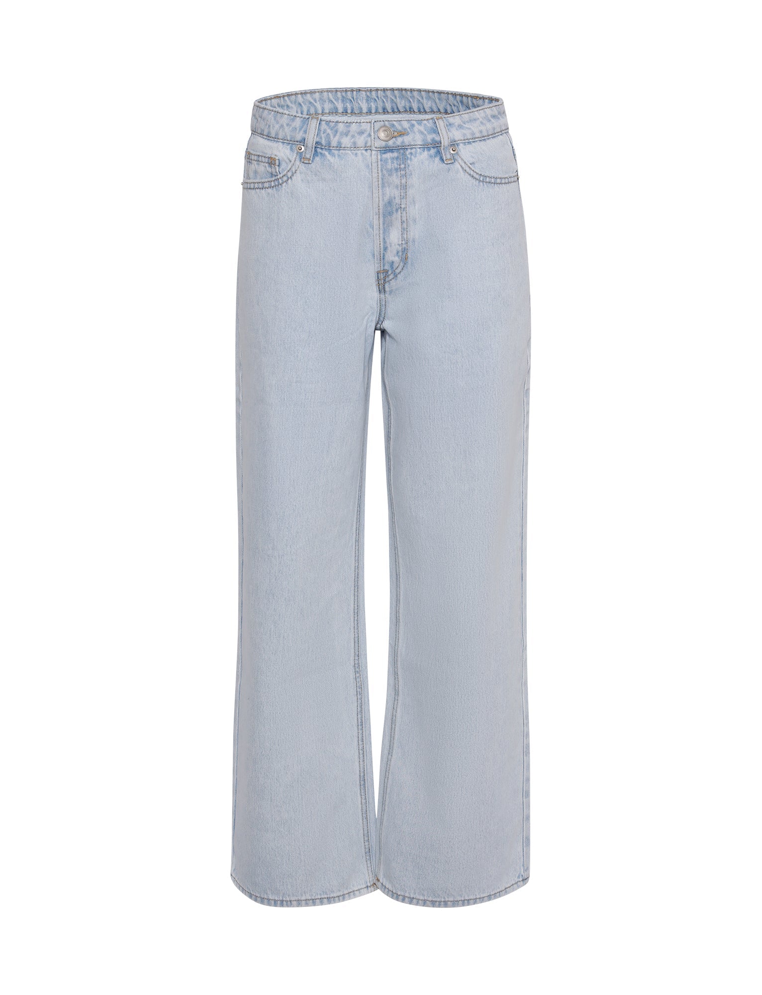 Introducing the FELIX JEAN - BLUE : LIGHT DENIM from TIGERMIST. These light blue, high-waisted straight leg jeans feature a classic five-pocket design, belt loops, and a zip fly with a button closure. The fabric has a slightly faded look for an effortless casual style. Displayed against a white background.