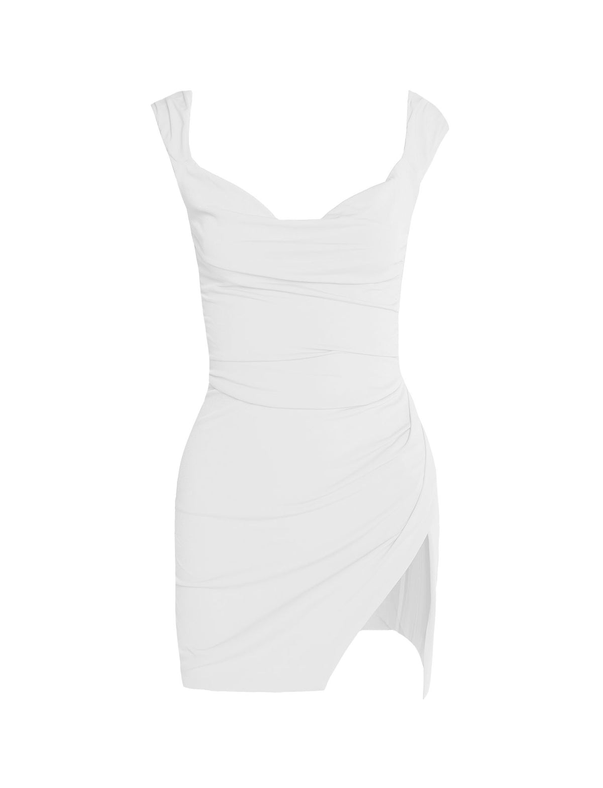 The JOSLIN DRESS - WHITE from TIGERMIST is a form-fitting mini dress featuring a draped design and an asymmetrical hemline. It boasts wide shoulder straps and a sweetheart neckline, with gathered fabric that creates a ruched effect across the torso and hip area.