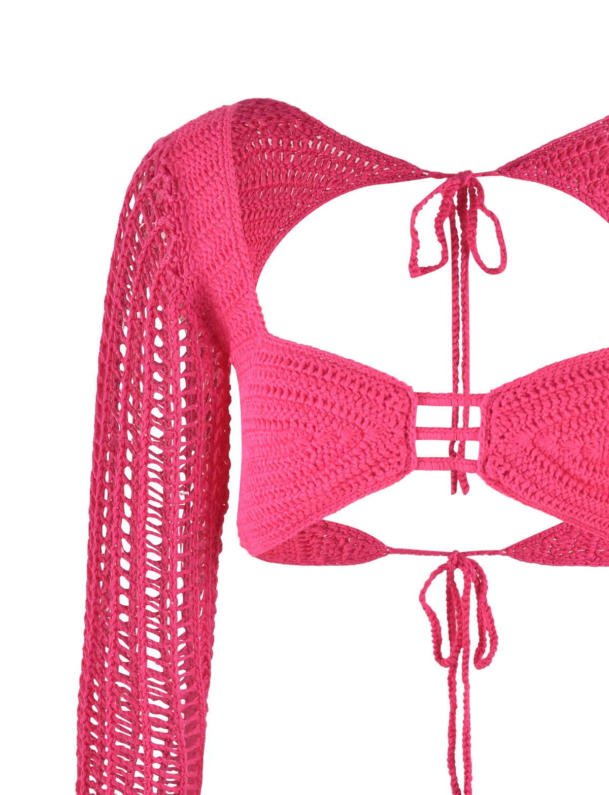 The MACAULEY TOP - PINK : HOT PINK from TIGERMIST is a vibrant pink hand-crocheted long sleeve top that features a bodycon silhouette adorned with a diamond pattern and an open back. Its front design resembles a bandeau, with two ties at the back and neck for a unique, stylish, and breathable appearance.