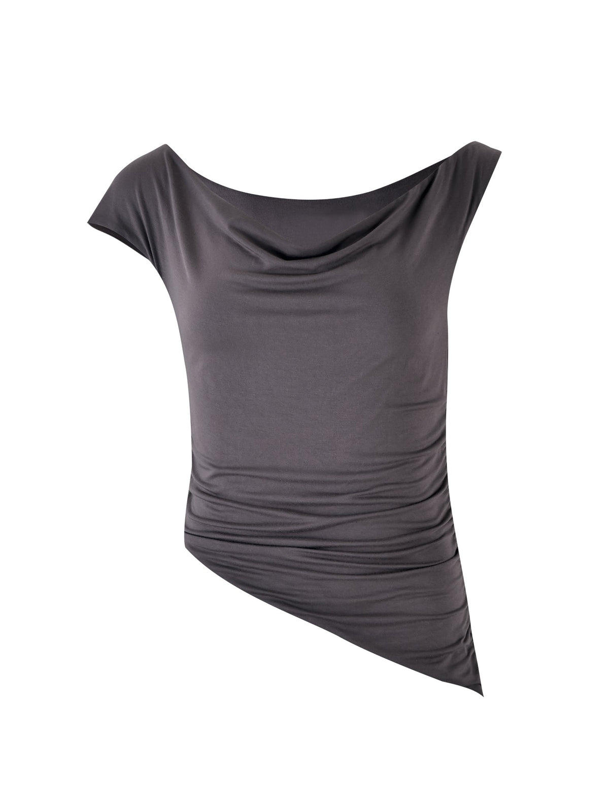 Introducing the COBI Jersey Tank from TIGERMIST in a sophisticated steel grey shade. This stylish crop top features an off-the-shoulder design with a draped neckline and asymmetrical hem, combining elegance with a modern, fitted silhouette. Made from smooth, slightly shiny fabric, this piece is perfect for a night out or any formal occasion.