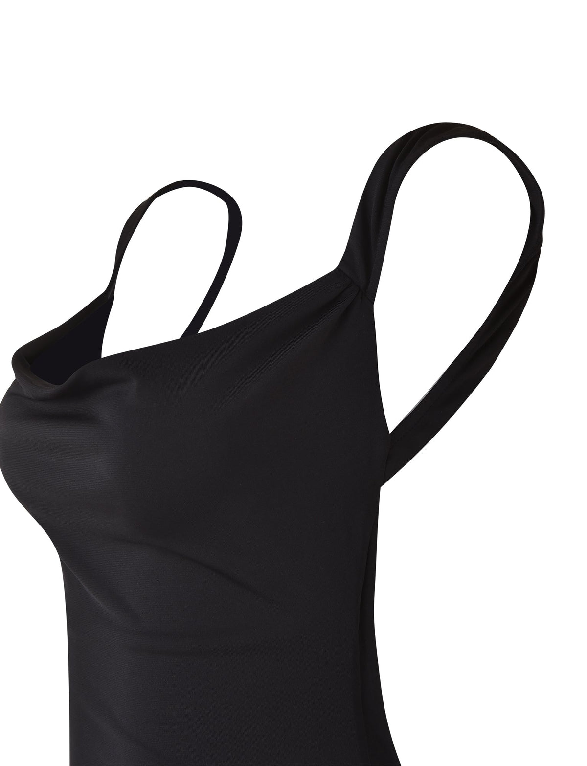 The MORANA DRESS - BLACK by TIGERMIST showcases a draped neckline and thin shoulder straps, set against a white background. The smooth, form-fitting fabric highlights its elegant and simple design.