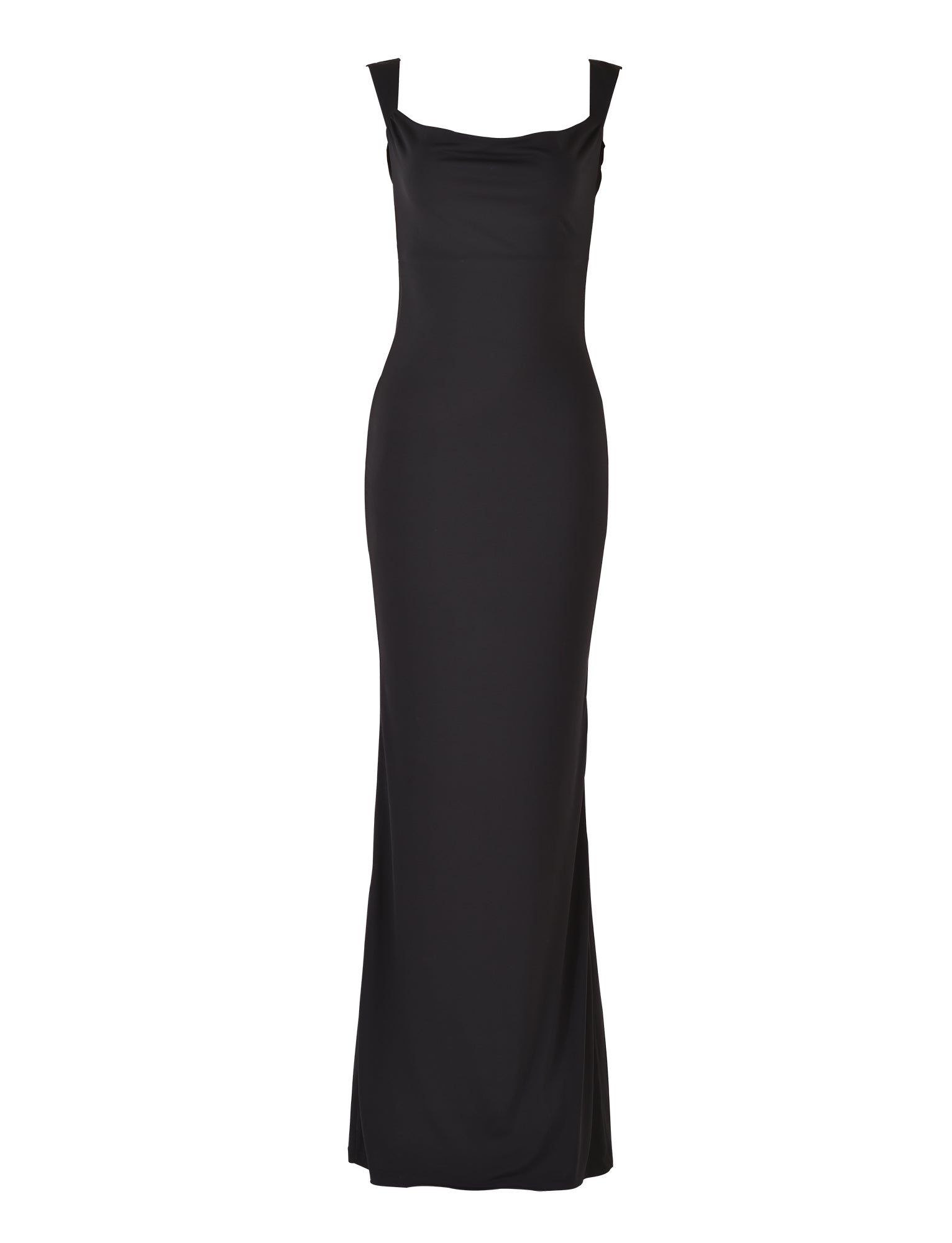 The MORANA DRESS - BLACK by TIGERMIST is showcased against a plain white background, featuring wide straps and a slightly draped neckline. This sleek, full-length dress offers a form-fitting design and a smooth, elegant silhouette.