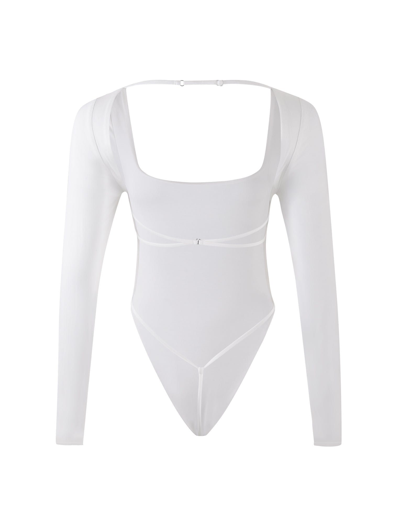 An image of the TIGERMIST MINERVA LONG SLEEVE BODYSUIT in white. The garment features a square neckline, fitted sleeves, and a high-cut leg design. It boasts a minimalist, sleek appearance with a small central seam detail below the bust. The back is complemented by a thin strap for added support.