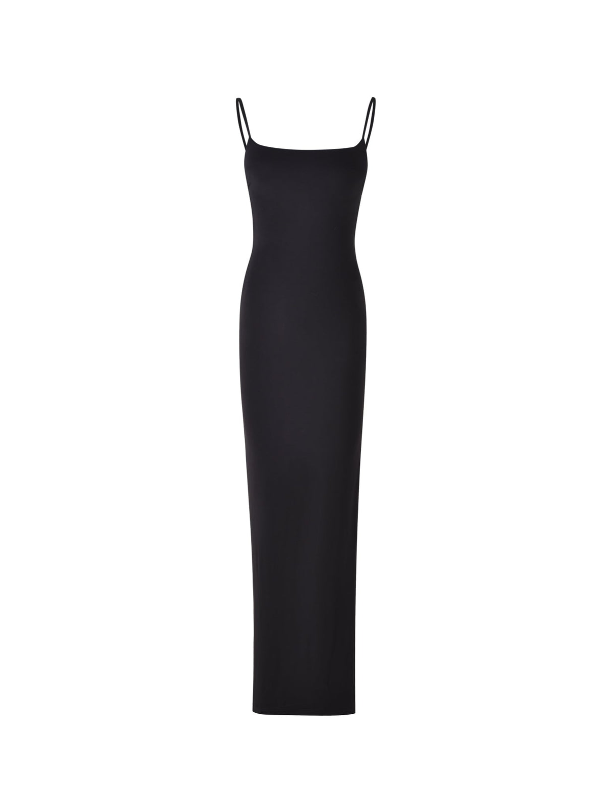 The MINERVA MAXI DRESS - BLACK from TIGERMIST, a long and form-fitting dress with thin spaghetti straps, is displayed against a plain white background. The dress features a simple and elegant design, extending down to the ankles.