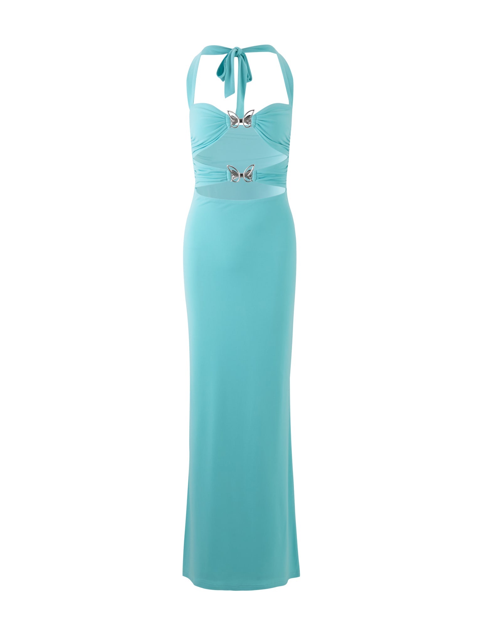 The Coraline Dress - Blue: Baby Blue from TigerMist is a sleeveless halter-neck dress adorned with two butterfly decorations on the front. This elegant and stylish dress features a fitted bodice with ruched detailing and a long, straight skirt.